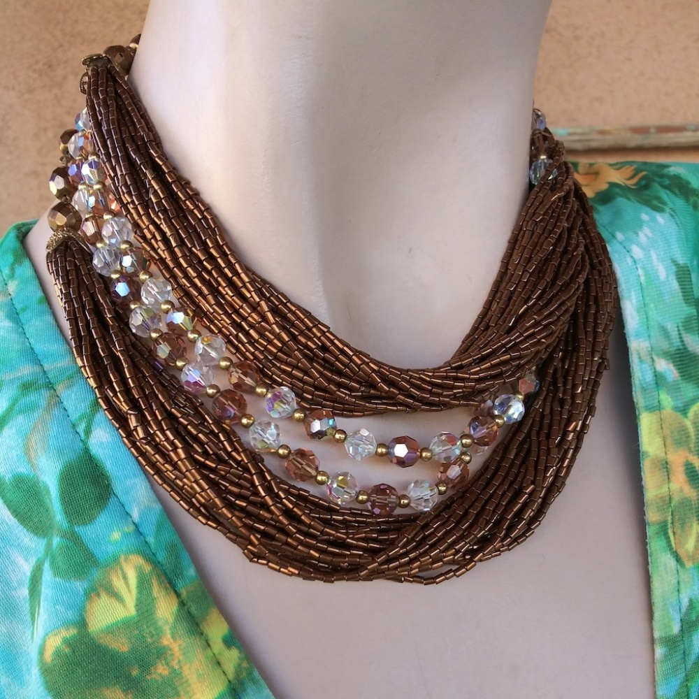 1950s Copper Crystal Multi Strand Necklace